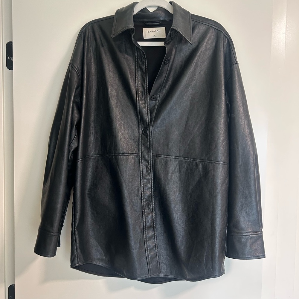Babaton Black Vegan Leather Oversized Pelli Shirt Jacket Sz Small